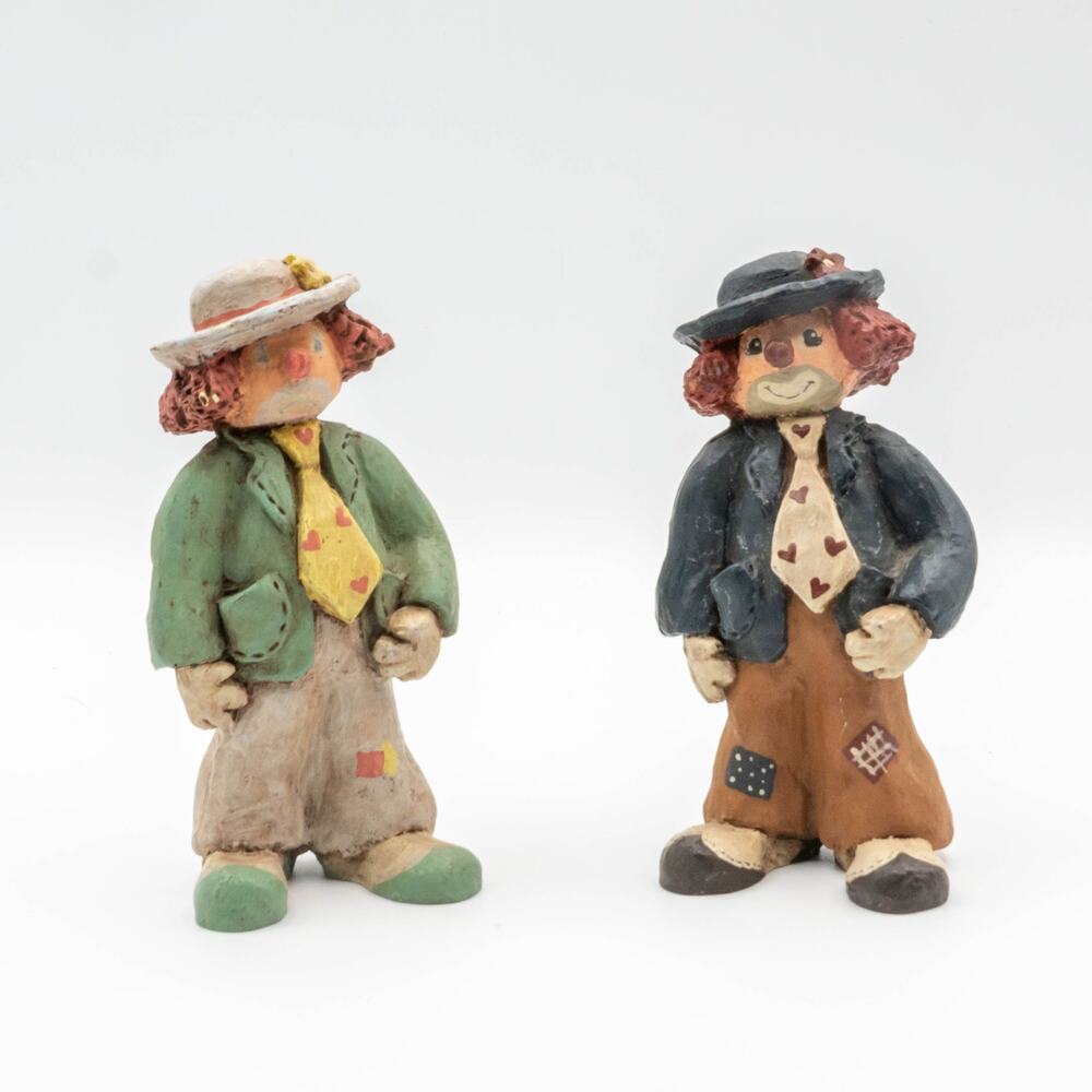 Vintage Whimsical Folk Art Set of 2 Resin 5" Hobo Clown Figurines